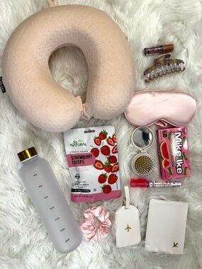 Pink Travel Comfort Essentials Bundle, Neck Pillow Sleep Mask Water Bottle